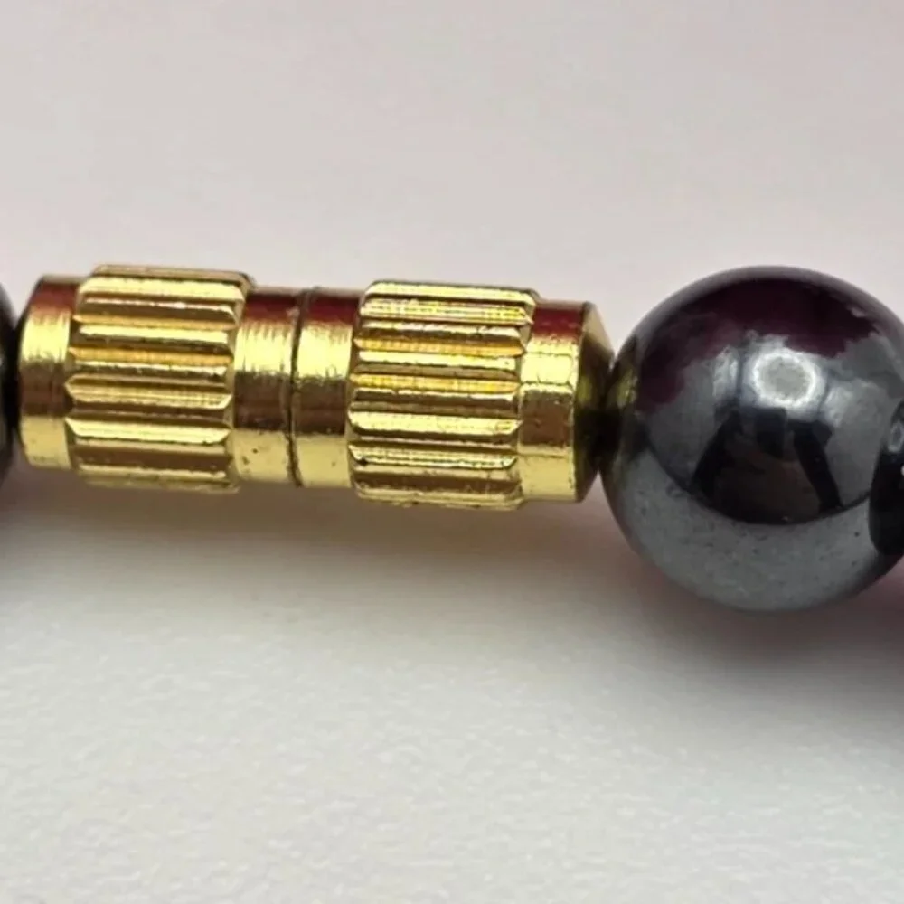 Vintage Hematite Bead Necklace 19 In Gold Tone Barrel Clasp Geometric Statement